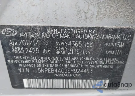 2014 Hyundai Sonata Gls from USA, damaged, VIN 5NPEB4AC9EH924463